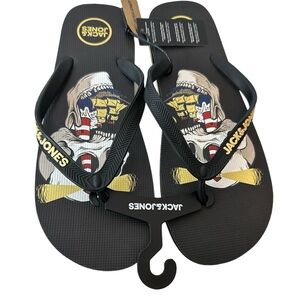 JACK & JONES Mens Logo Flip Flops Sandals Black Summer Beach Shoes Size 11/12New